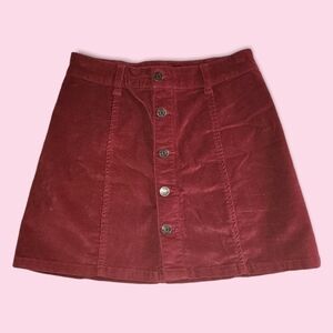 Y2K Exposed Button Fly Deep Red Corduroy High Waisted Cotton Mini Skirt Size 27